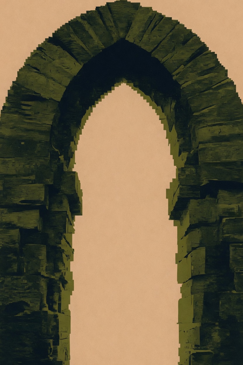 A tall arch printed in olive ink. The opening is the paper.